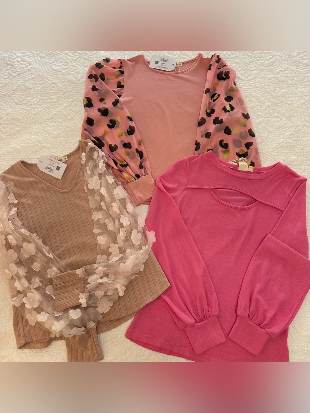 XS Boutique Bundle – 3 Pink Long Sleeve Tops – Leopard & Floral